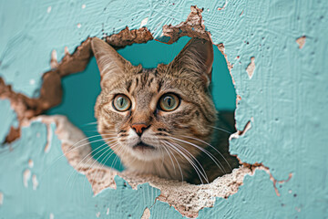 Wall Mural - A cat is looking out of a hole in a wall