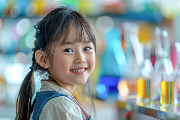 Wall Mural - Happy Asian Schoolgirl in Kindergarten Science Class Holding Test Tube with Colorful Classroom Background