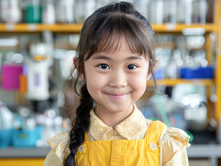 Wall Mural - Curious Asian Schoolgirl in Kindergarten Science Class Holding Test Tube with Cheerful Expression and Colorful Classroom Background