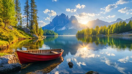 Fantastic sunny day on the lake Antorno in National Park Tre Cime di Lavaredo. Location Dolomiti alps, Province of Belluno, Italy, Europe. Perfect photo wallpapers. Discover the beauty of earth , ai