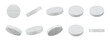 © WinWin - Medicine 3D tablets. White pills, pharmaceutical medication and round tablet in various angles for pharmacy, medicine and healthcare design isolated vector set.