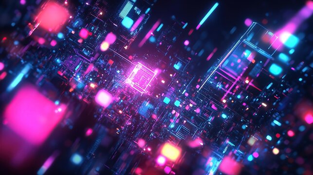 Abstract illustration of geometric shapes and structures in colorful neon colors and lights in cyberspace against dark background. copy space for text.