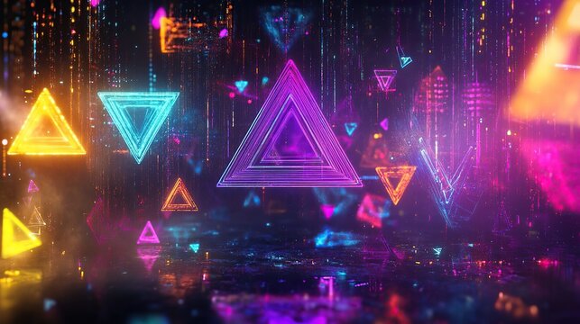 Abstract illustration of geometric shapes and structures in colorful neon colors and lights in cyberspace against dark background. copy space for text.