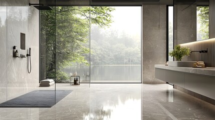 Poster - Luxurious and Serene Bathroom with Crystal-Clear Glass Shower and Polished Granite Floor