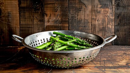 Wall Mural - A vibrant colander filled with fresh green asparagus. This image highlights the beauty of healthy cooking. Perfect for culinary projects or food blogs. Capture the essence of freshness. AI