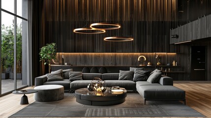 Wall Mural - modern dark living room , open space living room , hotel lobby design , modern dark living room with grey sofa , open space hotel lobby with oak wood panel