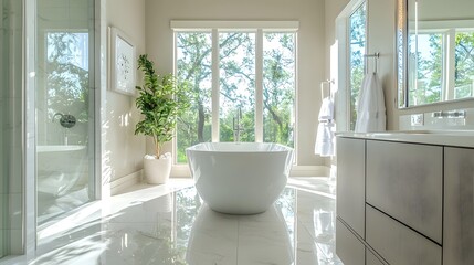 Poster - Sparkling Contemporary Bathroom with Pristine Tile Floors and Bathtub for Wellness Promotions