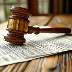 A wooden gavel rests on legal documents, symbolizing justice and the judicial system in a courtroom setting.