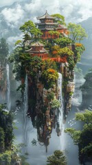 Poster - Floating Temple with Waterfall in Mountainous Landscape.