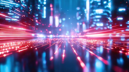 Poster - Dynamic light trails in a futuristic cityscape, showcasing vibrant colors and a sense of speed in a digital environment.