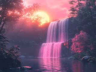  a tranquil scene of a waterfall cascading under a full moon at sunset, with a pink neon glow illuminating the waterfall and the surrounding area.