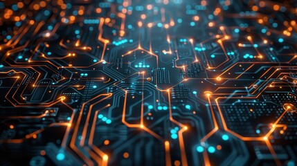 Poster - Futuristic circuit board with glowing connections in blue and orange, representing advanced technology and digital innovation.