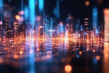 Poster - Futuristic cityscape with glowing digital elements, showcasing a vibrant blend of blue and orange lights against a dark background.
