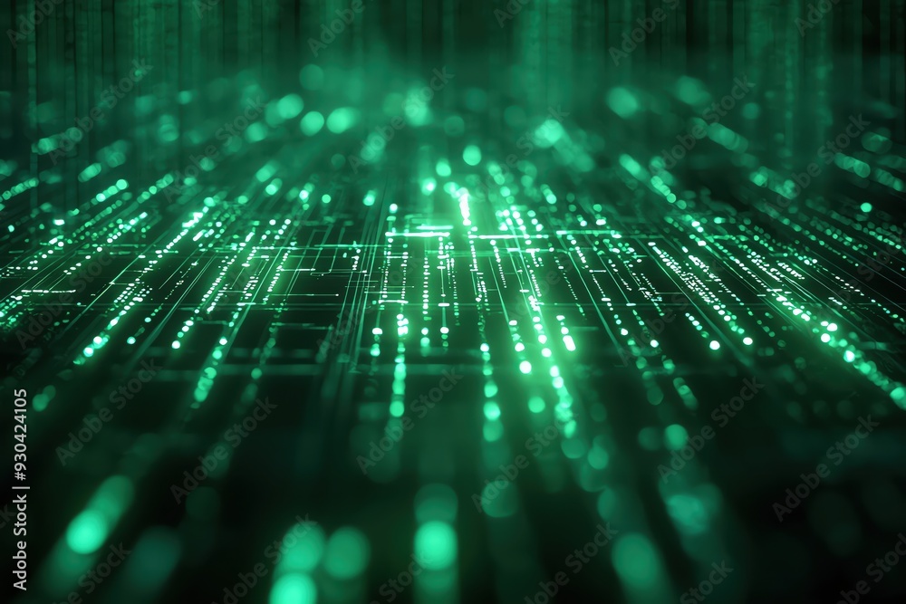 Futuristic digital landscape featuring glowing green lines and data ...