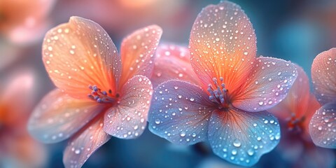 Wall Mural - Close-up of Delicate Pink and Blue Flower Petals Covered in Dew Drops