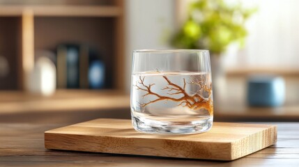 Wall Mural - Water glass with etched tree branches wrapping around the sides, natural and organic,