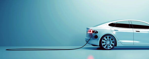 Silver electric car connected to charger on blue background with copy space. 3D Rendering, 3D Illustration, Generative AI