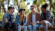 © redflower - Group of Trendy Friends Chatting on an Outdoor Bench in Urban Setting