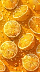 Wall Mural - Orange fruit illustration background pattern. Juicy and healthy summer food diet, half cut slice circles, yellow color backdrop