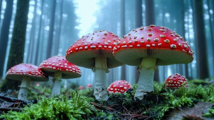 A group of red and white mushrooms growing in a forest, AI