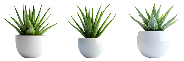 Potted aloe vera plants in different sizes isolated on transparent background