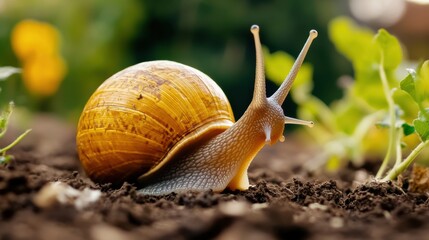 A snail is crawling on the ground in a garden, AI