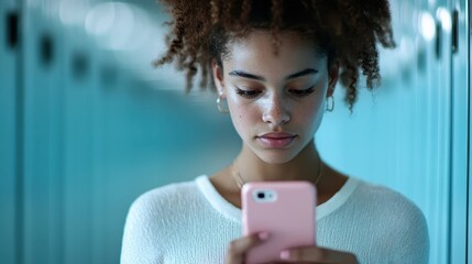 A teenage girl with curly hair and hoop earrings engages with her smartphone in a serene yet tech-driven moment, representing youth, digital engagement, and contemplation.