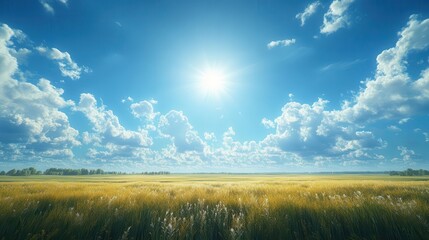 Expansive field of golden wheat under a vibrant blue sky with fluffy white clouds and the sun shining.