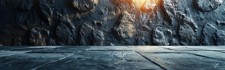 Wall Mural - A stone wall with a tiled floor in front of it. Light shines from the top of the wall