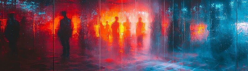 Wall Mural - Abstract scene with vibrant colors and silhouettes, creating a dynamic atmosphere of mystery and intrigue.