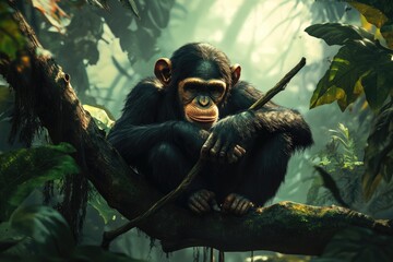 Chimpanzee Sitting on a Branch in a Lush Tropical Rainforest