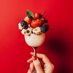 Poster - beautiful photo of a person eating their milkshake with a spoon, blue background