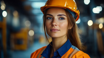 Poster - Confident Female Heavy Industry Engineer in Safety Gear in Metal Manufacture Warehouse, Serious Professional Worker, Industrial Specialist in Orange Uniform and Hard Hat