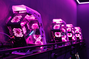 Poster - Gaming computer with light. Components of a liquid-cooled computer with a modern graphics card.