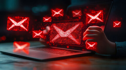 Poster - Email Inbox Alert: Spam Virus Warning, Security Protection Notification, Junk Mail on Laptop, Internet Communication Concept