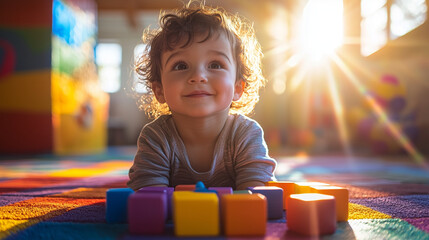 adorable toddler playing with colorful blocks in sunlit room, smiling and enjoying early childhood f