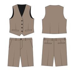 Wall Mural - Technical drawing of men's summer suit beige color. Sketch of buttoned vest and straight knee-length shorts, front and back view. Template of summer vest and shorts.