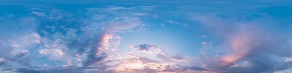 Wall Mural - Sunset sky panorama with bright glowing pink Cumulus clouds. HDR 360 seamless spherical panorama. Full zenith or sky dome in 3D, sky replacement for aerial drone panoramas. Climate and weather change.