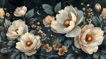 Canvas Print - Celestial garden seamless wallpaper design, with hand-drawn vintage illustrations of moonflowers, jasmine, stars, and crescent moons, deep blue and silver tones, mystical night sky backdrop,