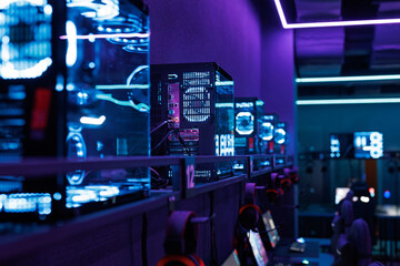 Poster - Professional gaming PC with a headset in the computer club for gamers.