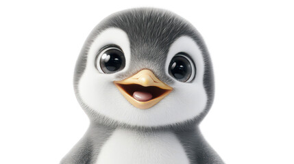 Wall Mural - Realistic 3d render of a happy, furry and cute baby Penguin smiling with big eyes looking strainght