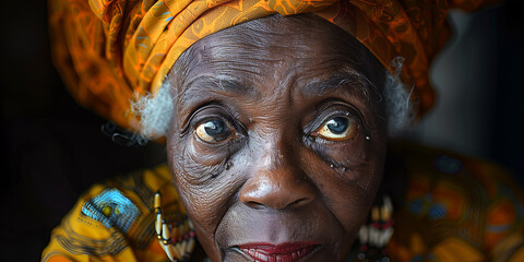 Wall Mural - Portrait of old African woman in colorful ethnic turban.