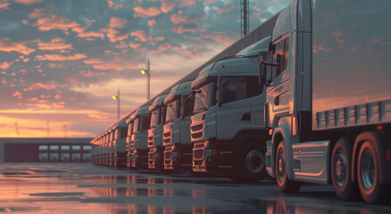 Poster - A row of modern white trucks parked in front of the warehouse, with a blue sky and sunset in the background