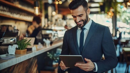 Colleagues Working on Tablet in a Modern Cafe Setting