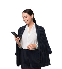 Poster - Beautiful woman in black striped suit with smartphone on white background