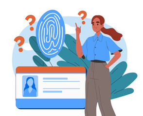 Poster - Woman with fingerprint scanning. Young girl scanning fingerprints. Safety, security and protection of personal data, biometrics. Flat vector illustration isolated on white background