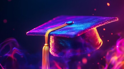 Poster - Glittering Graduation Cap with Neon Lights and Smoke