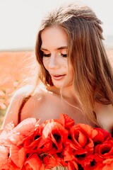 Canvas Print - Woman poppies field. portrait happy woman with long hair in a poppy field and enjoying the beauty of nature in a warm summer day.