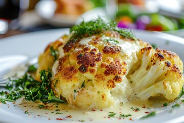 Wall Mural - Baked Cauliflower, Roasted Cabbage Dish, Fried Cauliflower with Cream Sauce and Fresh Greens