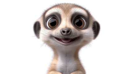 Realistic 3d render of a happy, furry and cute baby Meerkat smiling with big eyes looking strainght